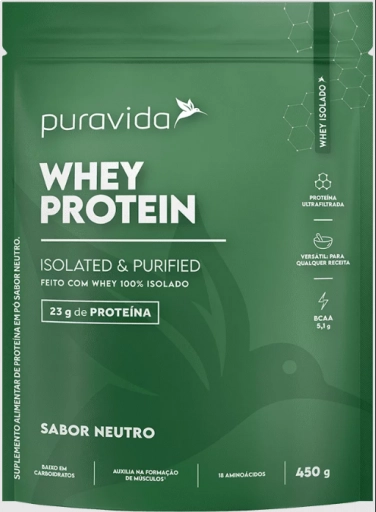 Whey Protein Isolado, 450g, Sabor Neutro, Puravida