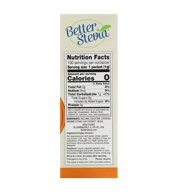 Adoçante com Zero Calorias, Original, 100 Pacotes, 100g, Better Stevia, Now