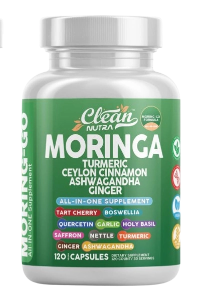 Moringa Com Cúrcuma, Folha de Moringa, Canela do Ceilão, Ashwagandha, Gengibre, Cereja, Boswellia, 120 Cápsulas, Clean N