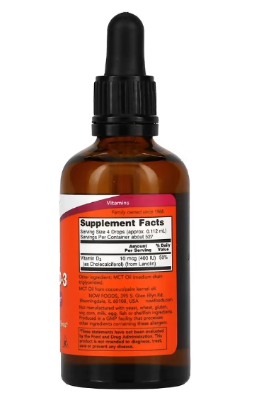 Vitamina D-3 líquida, 400UI, 59ml, Now