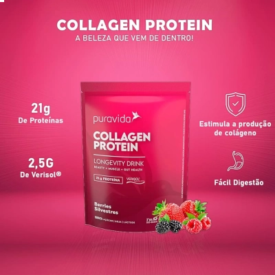 Collagen Protein, 21gr De Proteína Do Colágeno, 450gr, Sabor Berries, Pura vida