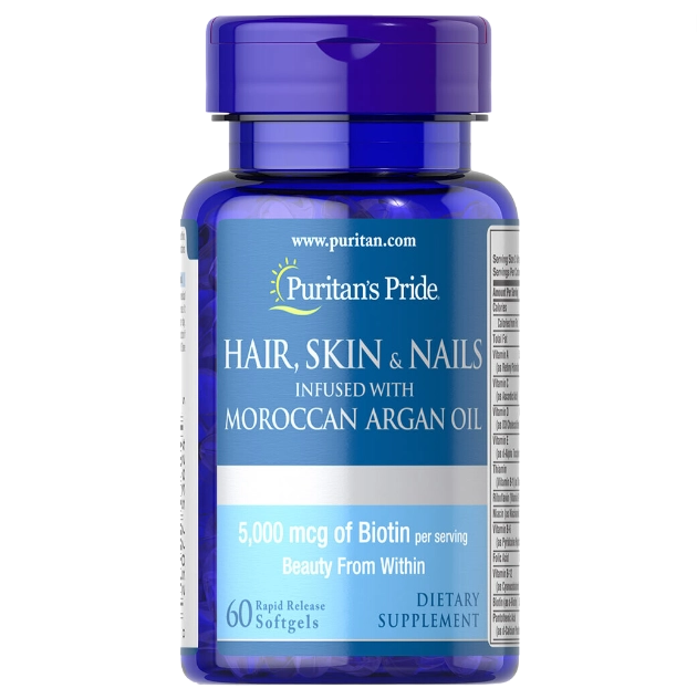 Hair, Skin and Nails com Óleo de Argan marroquino, 5000mcg, 60 cápsulas Puritan's Pride