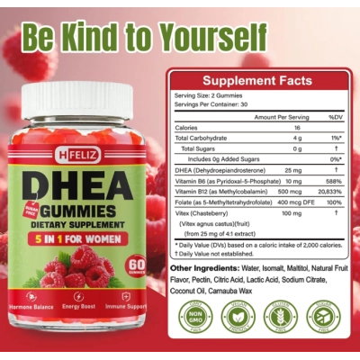 DHEA 25mg, Com B6, B12, Ácido Fólico e Agnocasto, 60 Gomas Sabor Framboesa, HFELIZ