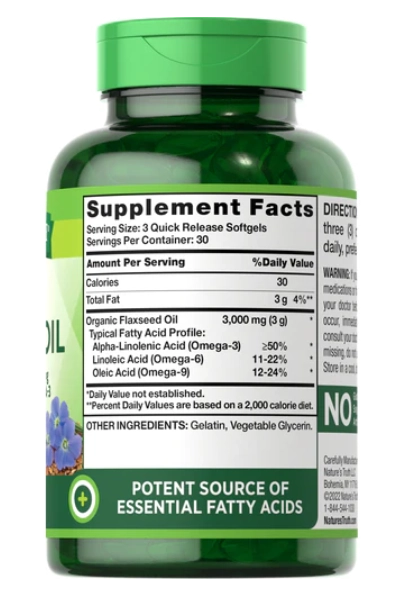 Flaxseed Oil, Óleo de linhaça, 1000mg, 90 cápsulas softgel, Nature's Truth