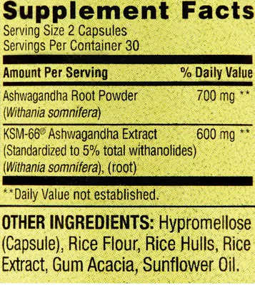 Ashwagandha Extra Strength 1300mg, 60 Cápsulas, Spring Valley