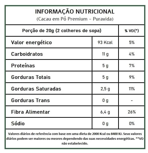 Cacau Premium Em Pó, 250g, PuraVida
