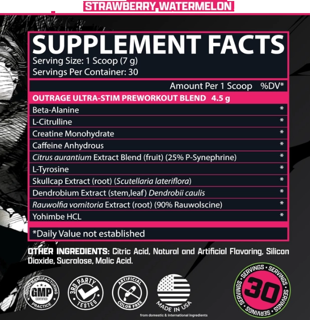 Pré Treino Outrage, Com Cafeína, L-Citrulina, Beta-Alanina e Creatina, Ultra Stim, Sabores, Nutrex