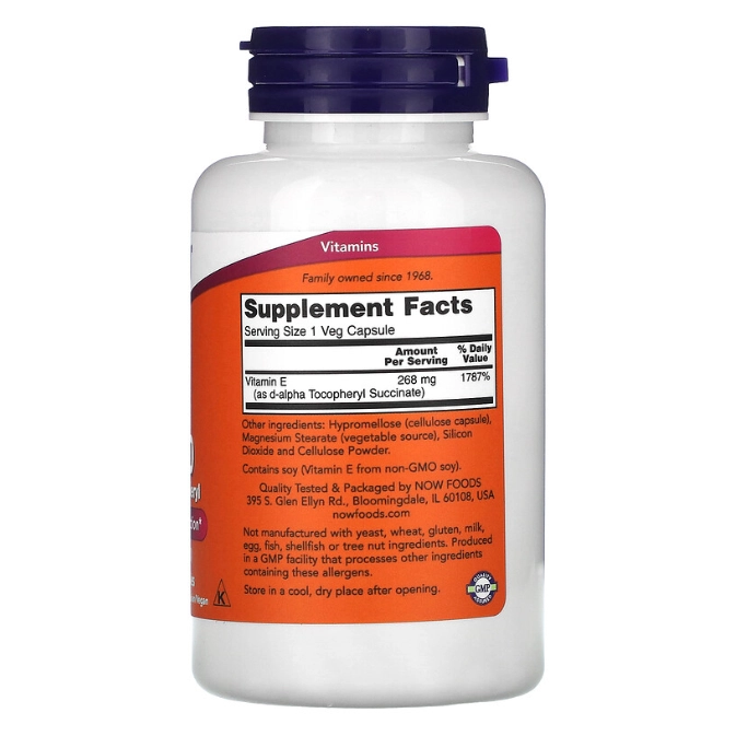 Vitamina E, Vegetariano, 268mg (400 UI), 100 Cápsulas, Now