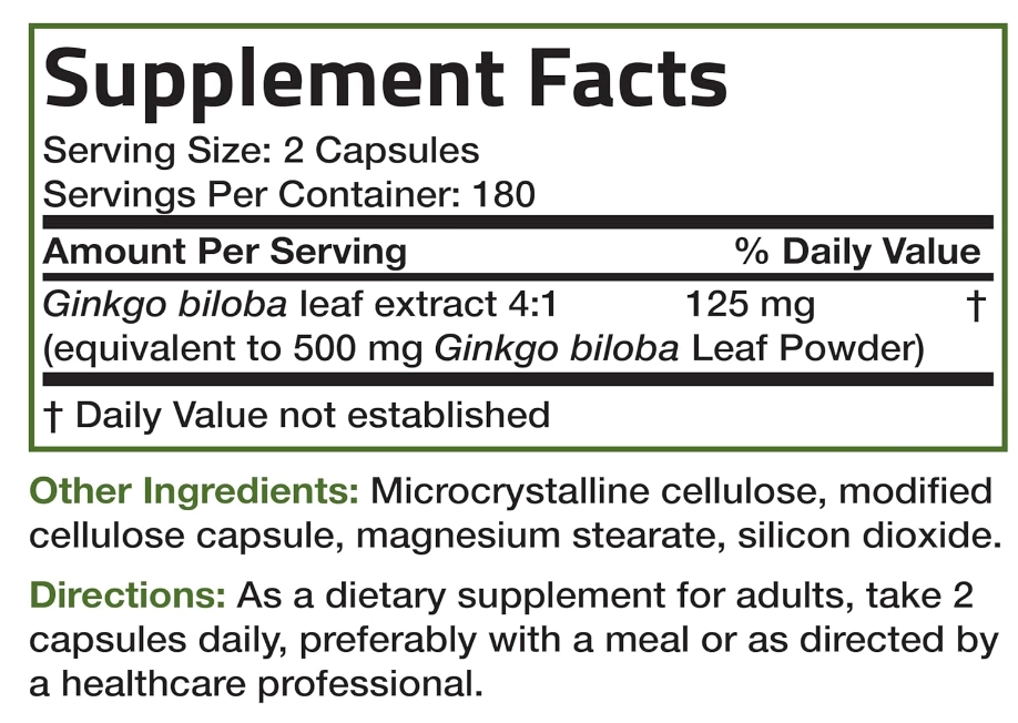 Ginkgo Biloba, 125mg, Apoia a função cerebral e Suporte à memória, 360 cápsulas, Bronson
