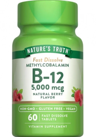 Vitamina B-12 5000mcg Metilcobalamina, 60 comprimidos Sabor Morango, Nature's Truth