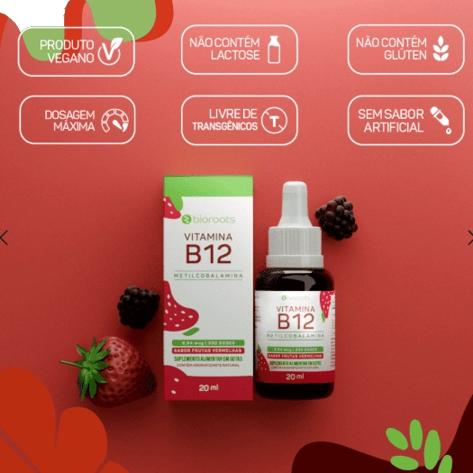 Vitamina B-12 Metilcobalamina 9,9mcg, 20ml Sabor Frutas Vermelhas, Bioroots