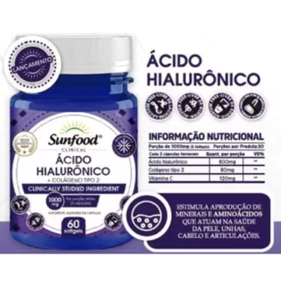 Ácido Hialurônico com Colágeno Tipo II, 1000mg, 60 Softgels, Sunfood