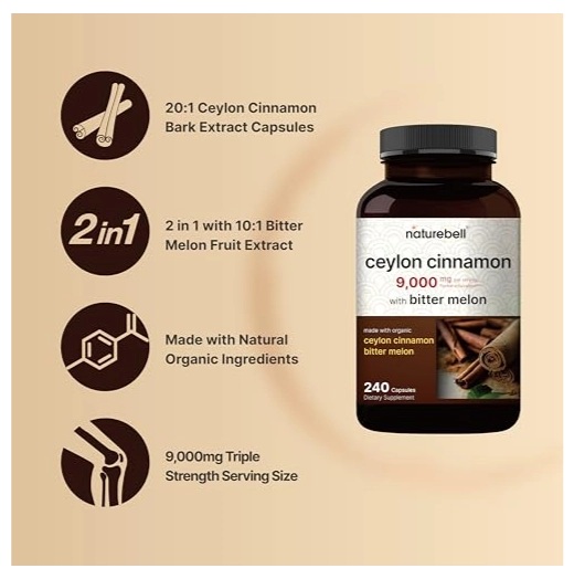 Ceylon Cinnamon, Canela do Ceilão 9000mg, 240 Cápsulas, NatureBell