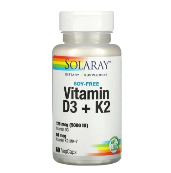 Vitamina D3 5000IU  + K2 50mcg, MK-7, 60 capsulas Solaray