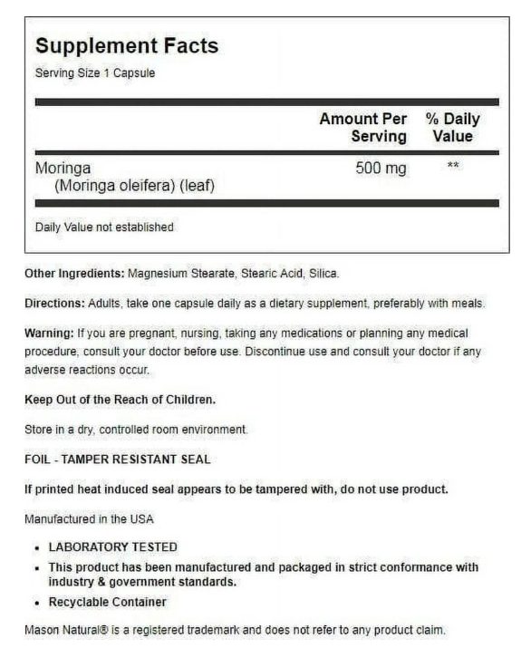 Moringa 500mg, 60 Cápsulas, Mason Natural