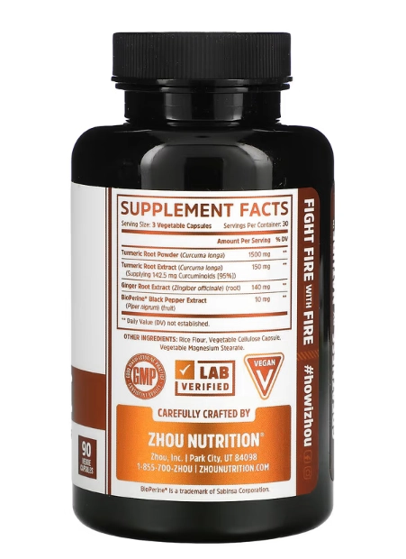 Turmeric (Cúrcuma) com Gengibre, 1800mg, 90 Cápsulas, Zhou