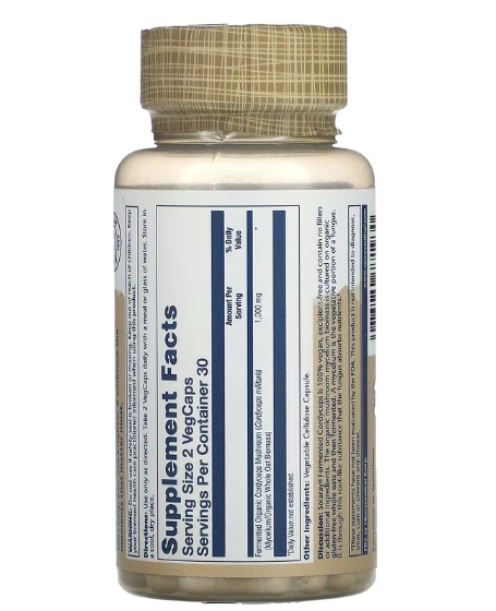 Cordyceps 1000mg, Cogumelos Fermentados, 60 VegCaps, Solaray