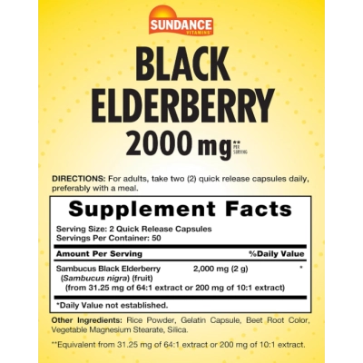 Black Elderberry 2000mg, Sabugueiro Preto, 100 Cápsulas, Sundance 