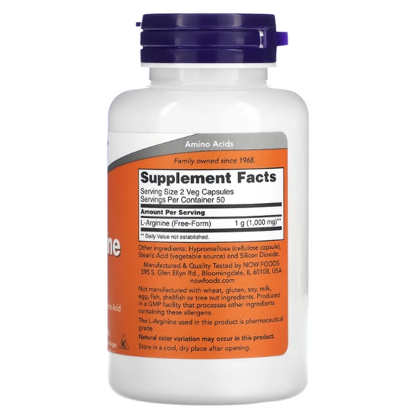 L-arginina, 500mg, 100 Cápsulas, Now