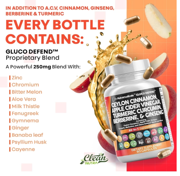 Ceylon Cinnamon com Cúrcuma, Apple Cider Vinegar, Ginseng, Bitter Melon e Berberine, 60 Cápsulas, Clean Nutraceuticals