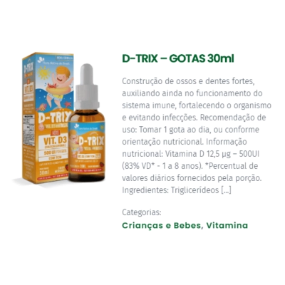 Kit 3 Unidades, D-trix Vitamina D3 500UI por Gota, Sabor Morango 30ml - Flora Nativa do Brasil