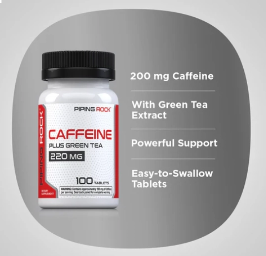 Cafeína 220mg com Chá Verde, 100 Tabletes, PipingRock