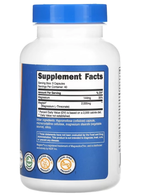 Magtein, L-treonato de Magnésio, 120 Cápsulas, Nutricost