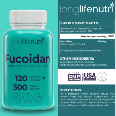 Fucoidano 500mg, Extrato de Alga Marinha Marrom, 120 Cápsulas, LongLifeNutri