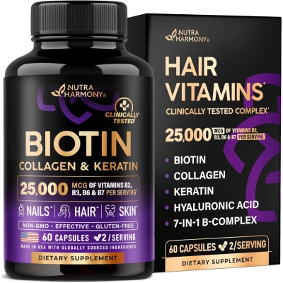Hair Vitamins, Biotina, Colágeno e Queratina, Crescimento Capilar, Pele e Unhas, 60 Cápsulas, Nutra Harmony