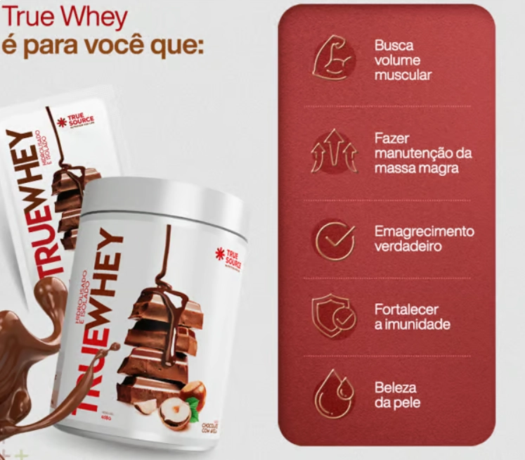 True Whey, Hidrolisado e Isolado, 837g, Sabor Chocolate com Avelã, True Source