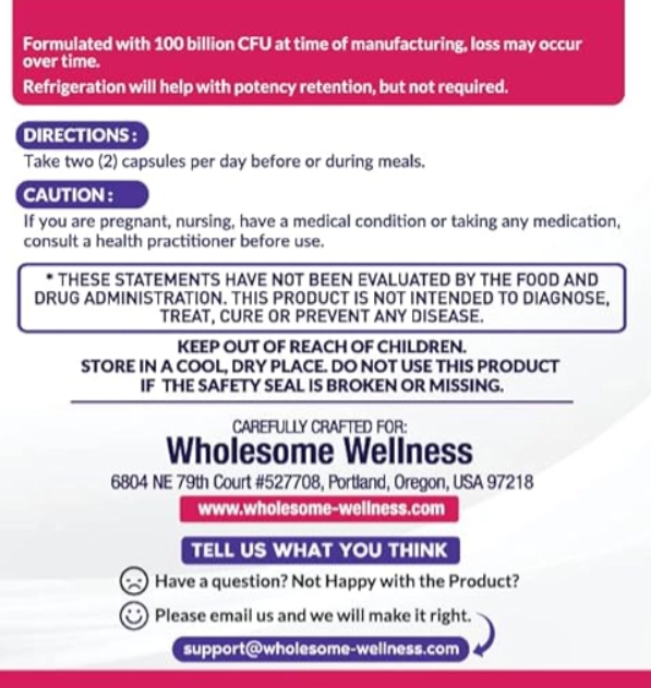 Probióticos Crus para Mulheres,  100 Bilhões de CFUs, Prebióticos e Enzimas Digestivas, 60 Cápsulas, Wholesome Wellness