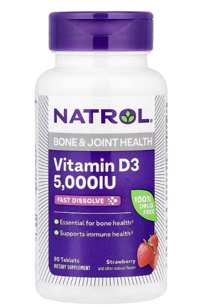 Vitamina D3 5000UI, 90 Comprimidos Sabor Morango, Natrol