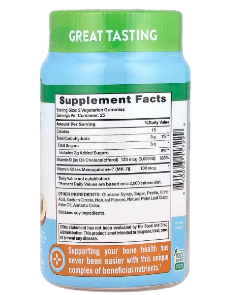 Vitamina D3 5000UI + K2 100mcg  Complex, 50 Gummies Sabor Pêssego e Manga, Nature's Truth