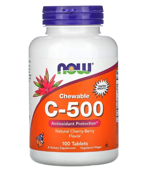 Vitamina C-500, 100 Comprimidos Mastigável Sabor Cereja, Now