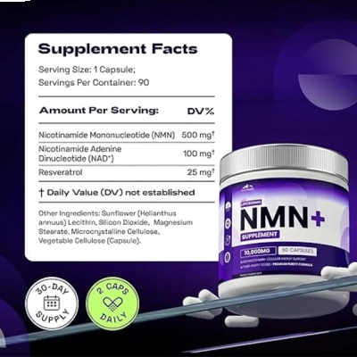 NMN+ 10.000mg, Alta Potência, Energia, Vitalidade e Longevidade, 90 Cápsulas, Pure Health