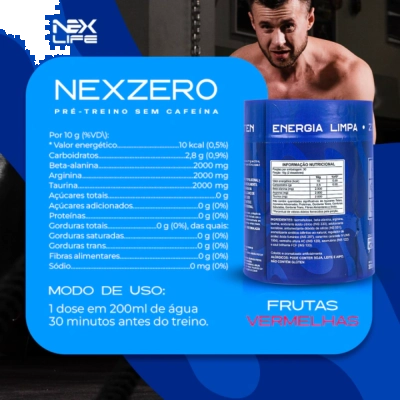 Pré-Treino Nex Zero, Zero Cafeína + Beta-Alanina + Arginina + Taurina, 300g, Sabores, Nexlife