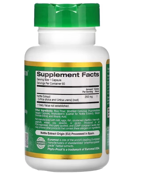 Nettle Root, Extrato da Raiz de Urtiga 250mg, 60 Cápsulas, California Gold, EuroHerbs