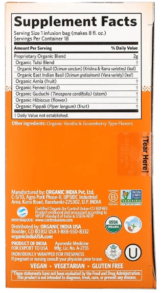 Chá Suporte Imunológico, Tulsi Immune, Sem Cafeína, 18 Saches, Organic India, Sabores