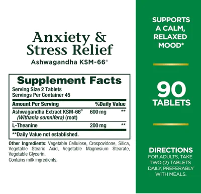 Anxiety & Stress Relief, Com Ashwagandha KSM-66, 90 Comprimidos, Nature's Bounty