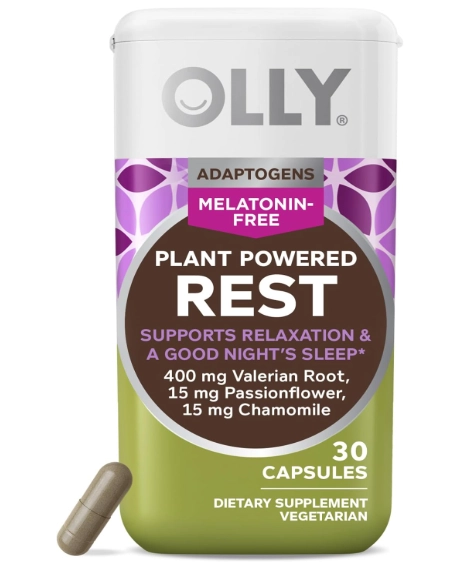 Plant Powered Rest, Adaptogen Sleep Aid, Com Raiz de Valeriana, Camomila, Sem Melatonina, 30 Cápsulas, OLLY