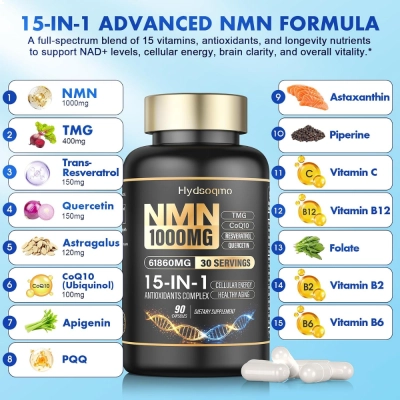 NMN Supplement, 1000mg, 15 em 1, 90 Cápsulas, Hydsoqmo