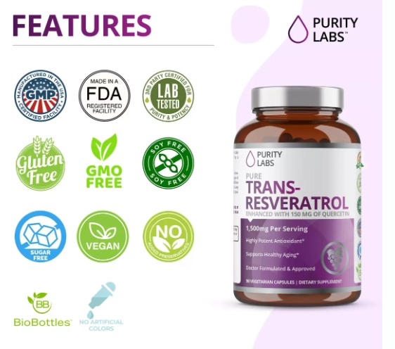 Trans Resveratrol com Quercetina, 1350mg, 90 Cápsulas, Purity Labs