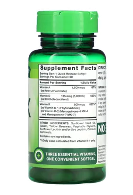 Vitaminas A, D, K, Alta Potência, 60 Cápsulas, Nature's Truth