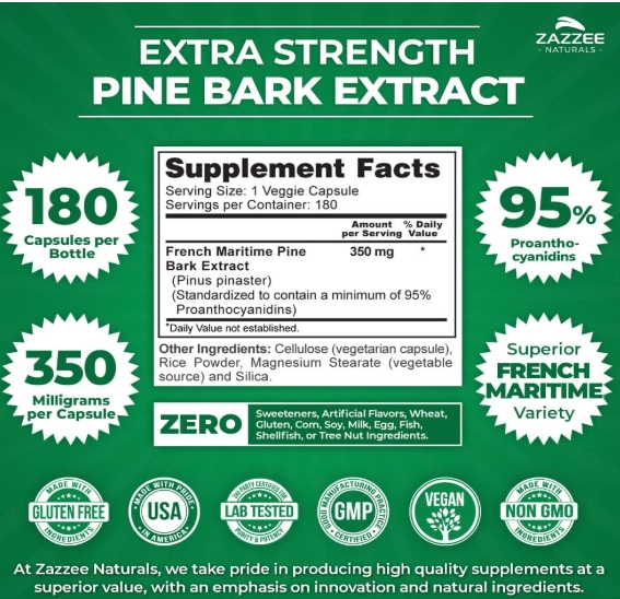 Casca de Pinheiro 350mg, Pine Bark Marítimo Francês, 180 cápsulas, Zazzee