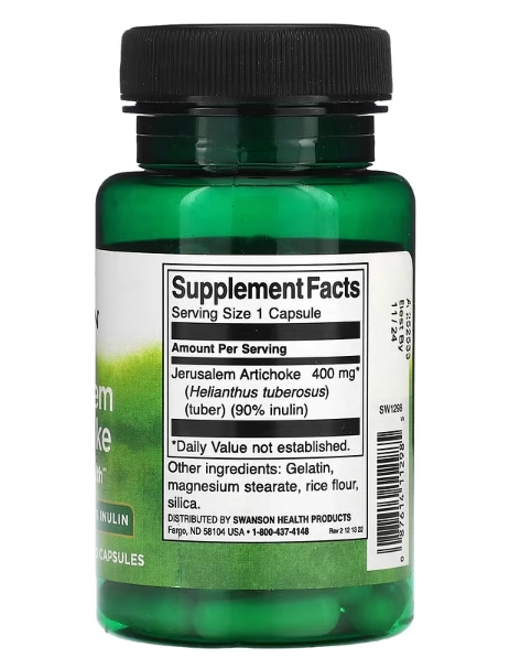 Prebiótico Alcachofra de Jerusalém 400mg, 60 Cápsulas, Swanson