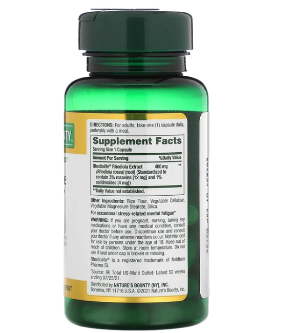 Mental Fatigue Stress Relief, Alívio da Fadiga Mental e do Estresse 400mg, Com Rhodiola, 30 cápsulas, Nature's Bounty