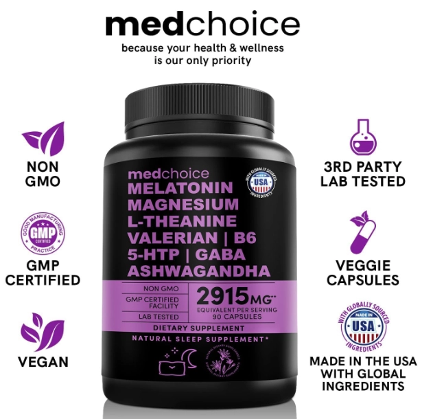 Melatonina 5mg, com Magnésio, Ashwagandha, L-teanina, Valeriana e 5-HTP, 90 Cápsulas, MedChoice