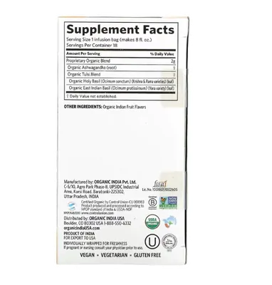 Chá ( Ulsi, Ashwagandha, Equilíbrio e Alívio do Estresse) Sem Cafeína, 18 Saquinhos, Organic India
