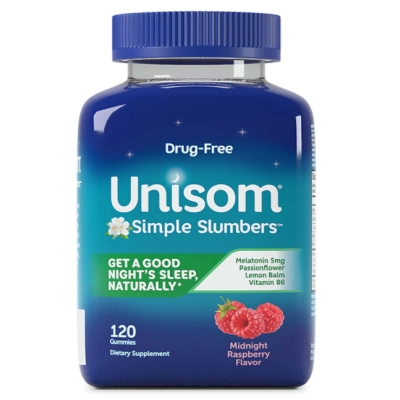 Simple Slumbers, Melatonina 5mg com  Vitamina B, Passiflora e Erva-cidreira, 120 Gomas sabor framboesa, Unisom  