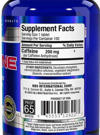Cafeína, 200mg, 100 Comprimidos, Allmax Nutrition